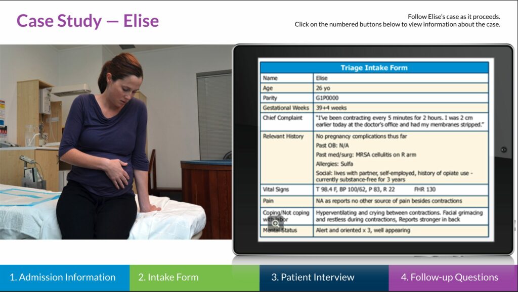 example of Obstetric Triage case study picture of pregnant woman in pain on hospital bed with image of triage intake form